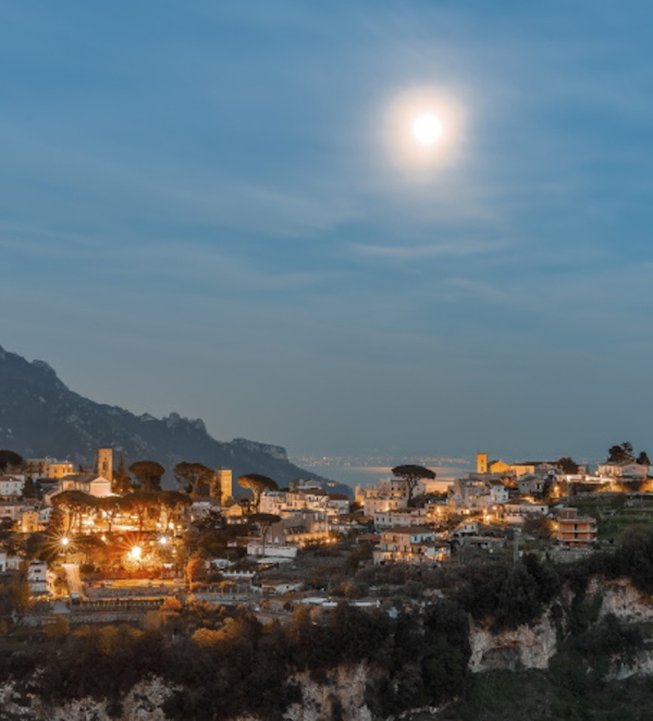 Panoramic night view of Ravello with lights and elegant atmosphere on the Amalfi Coast